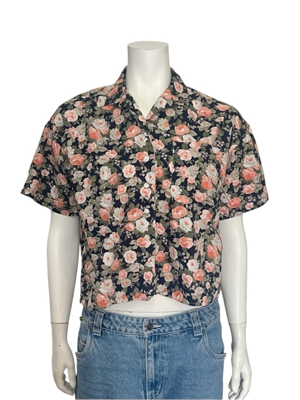 VINTAGE Y2K GAP Navy Floral Crop Button-Up with Pink Roses